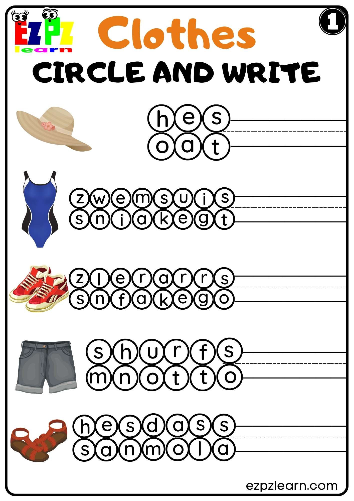Clothes Circle and Write Worksheet Kindergarten K5 and ESL set 1